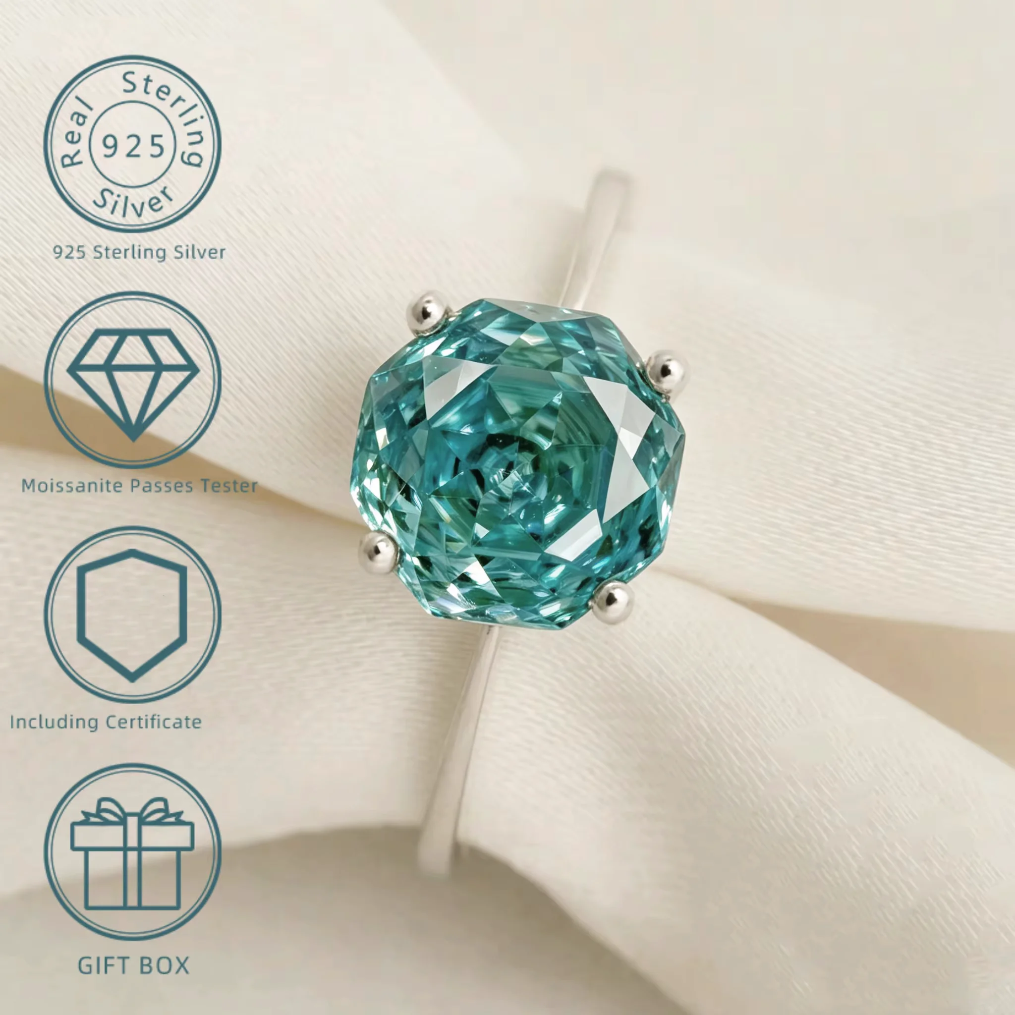 2 Karat 8*8mm Oktagon Rosenschliff Blau-Grüner Moissanit Solitärring, 925 Sterling Silber Schmuck Geschenk für Frauen mit