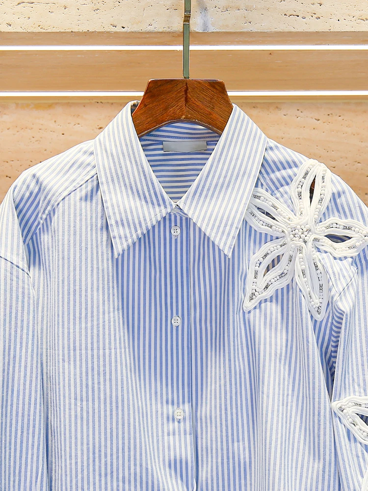 S Home Nan You Top da donna di fascia alta con design a righe irt con perline Top francese Sle vestibilità ampia in cotone poliestere lungo lunghezza Sve ort