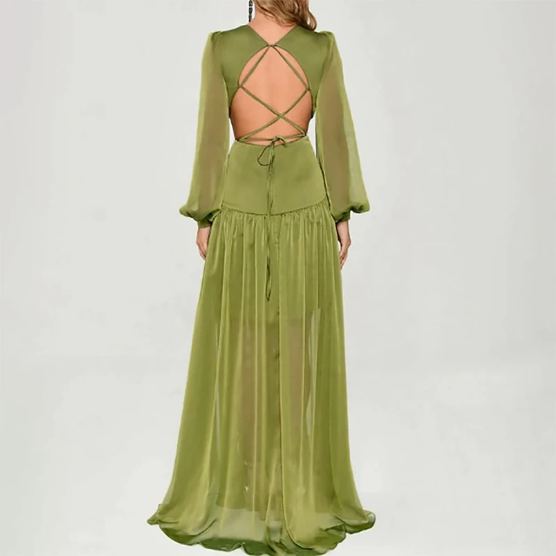 

Green Sexy Hollow Evening Dresses Chiffon Long sleeves V Neck Lotus leaf edge Women Elegant Prom Dresses Customized
