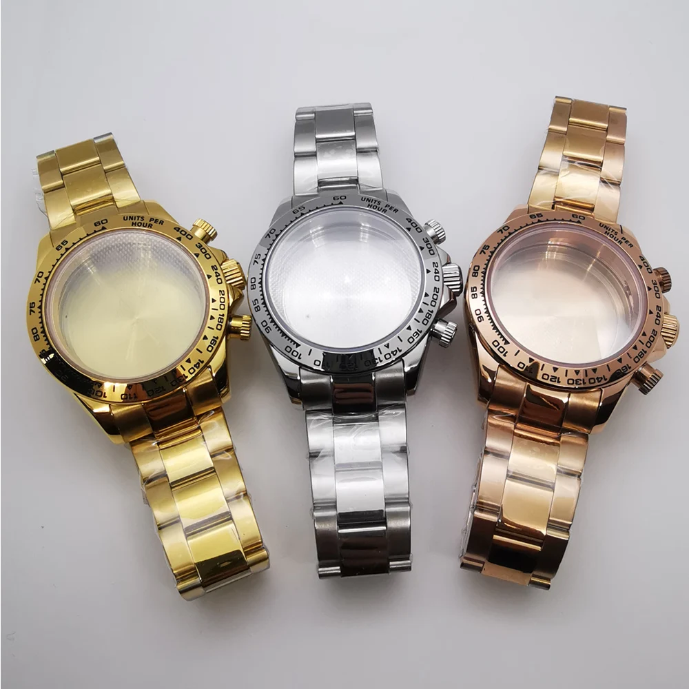 

40mm steel rose gold gold sapphire glass watch case strap fit VK63 VK64 movement