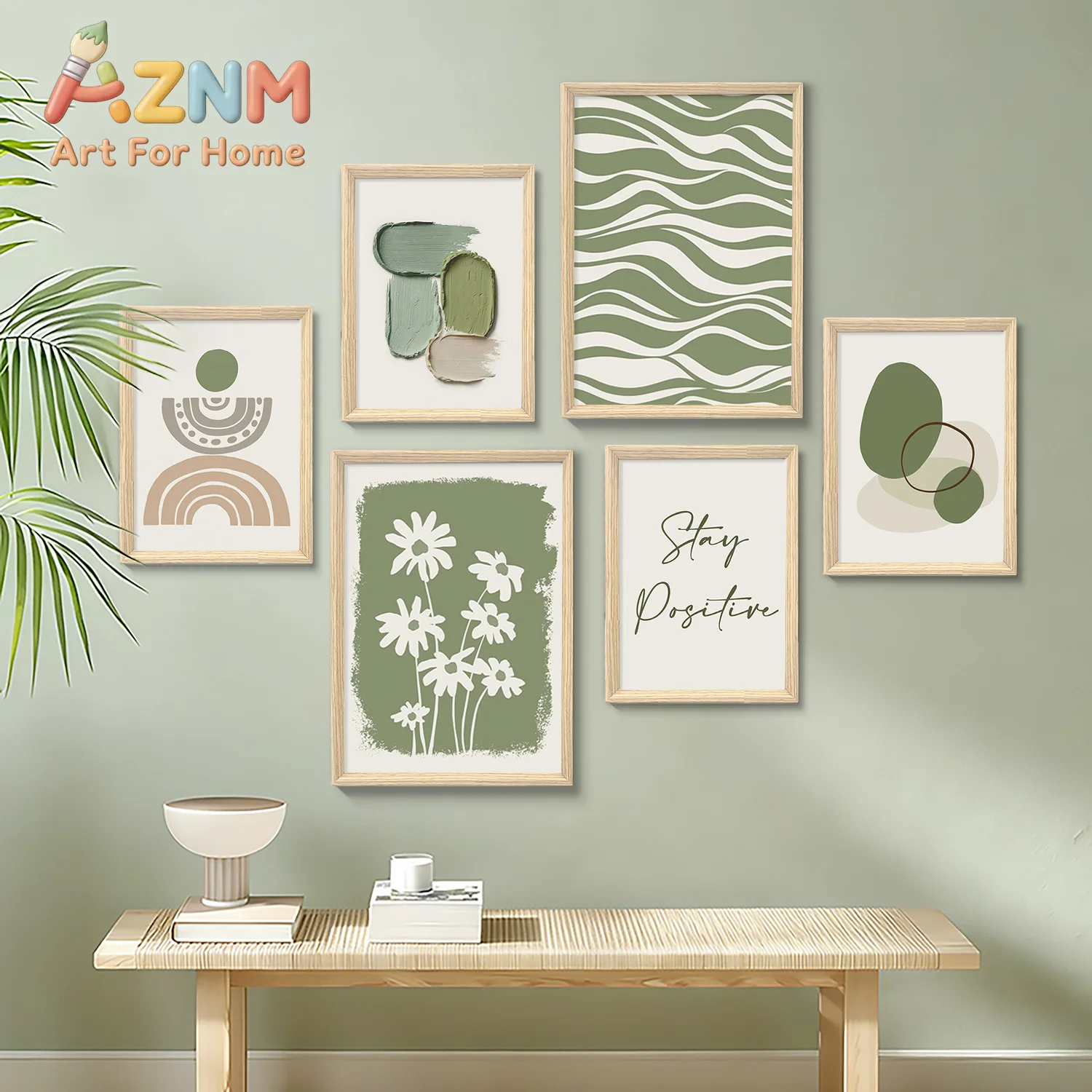 Matcha Green Bohemian Abstract Decorative Painting Geometric Daisies Inspirational Living Room/bedroom Combination Wall Painting