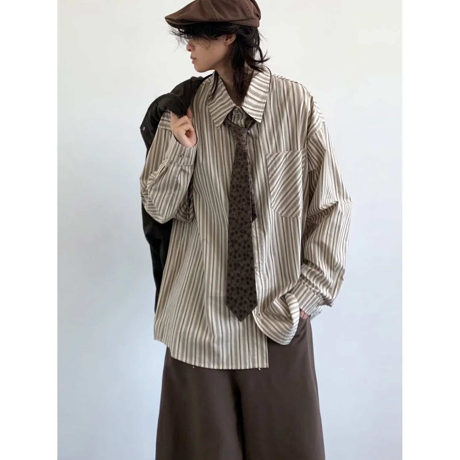 

Loose Fit Long Sve Striped irt Men's Inner Wear Japanese Sle Autumn Winter Faion Trendy ort Pants Coat Youth Polye...
