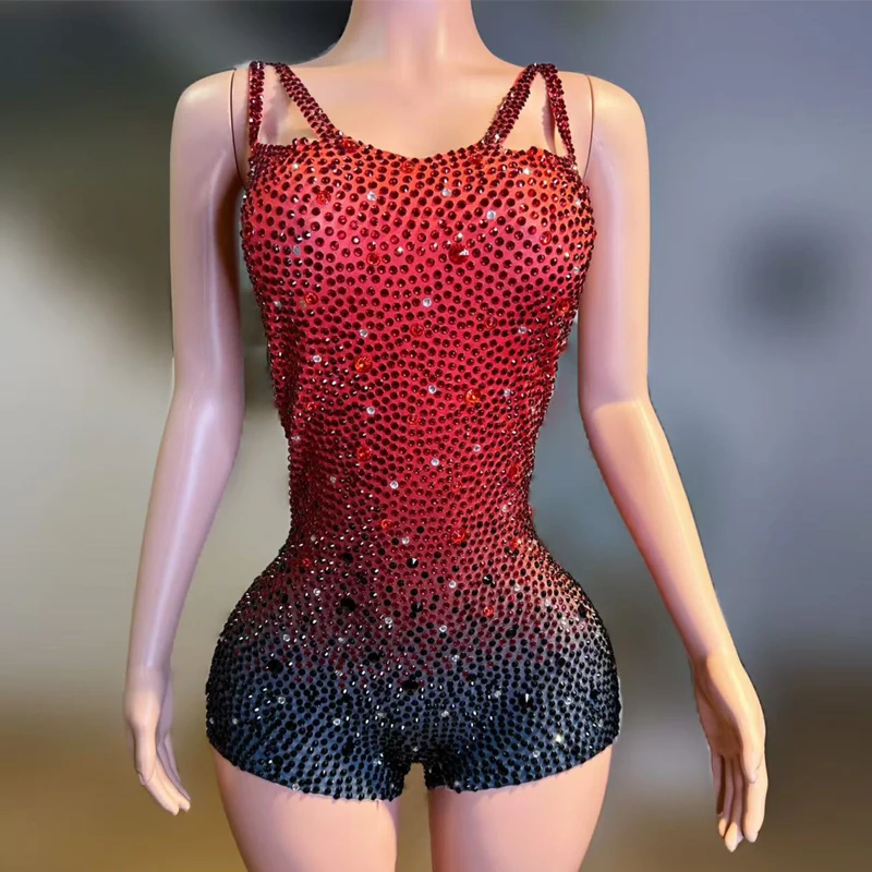 Halloween Cosplay Rave Outfits Red Black Rhinestones Bodysuit Women Pole Dance Gogo Costumes Nightclub Bar Stage Wear XS10163
