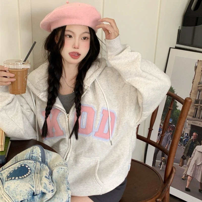 Gray Hoodies Women Letter American Retro Simple Baggy Casual All-match Cozy Ulzzang Hooded Autumn Streetwear Chic Teens Stylish