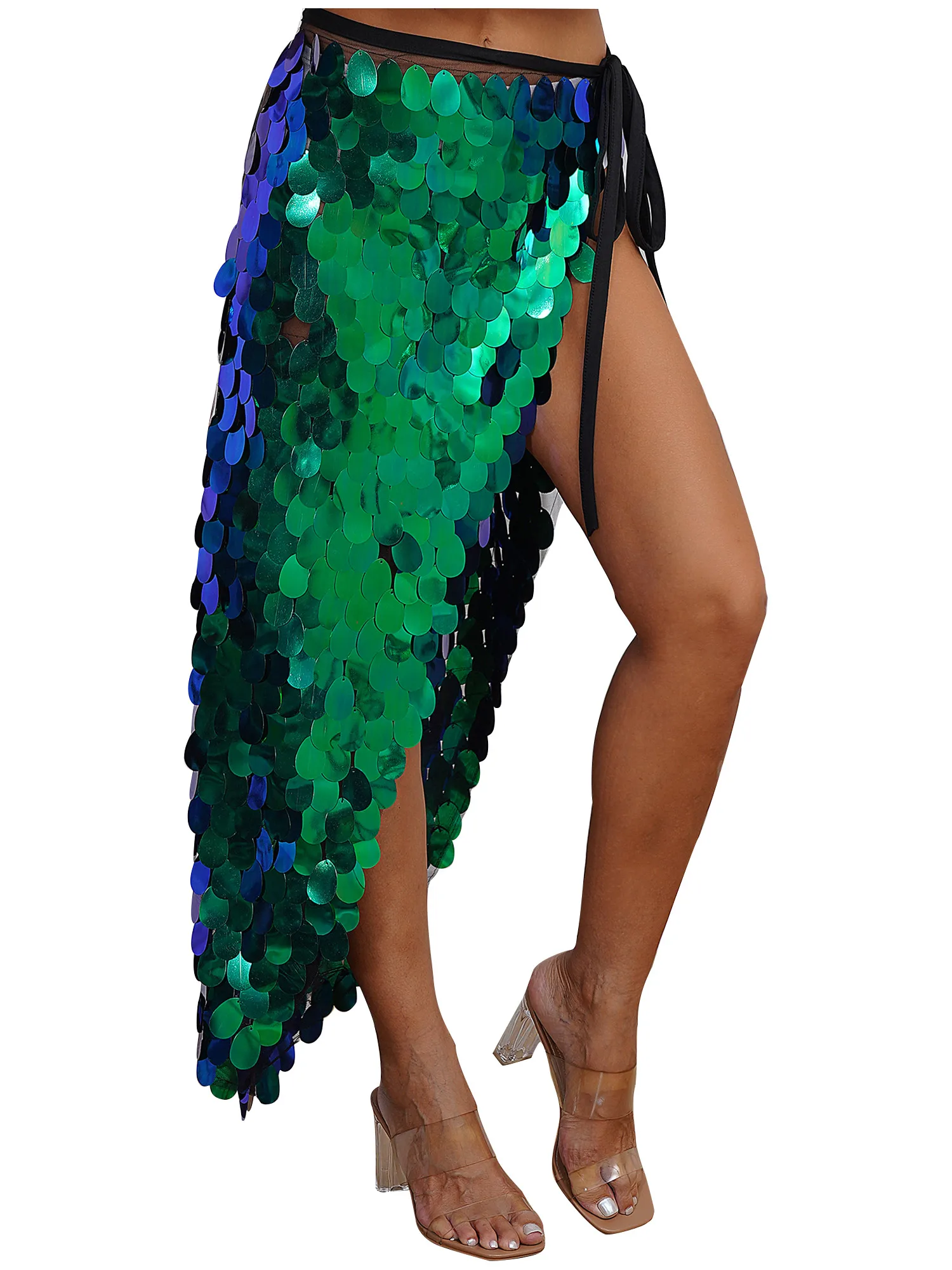 Halloween Womens Long Belly Dance Hip gonna Sparkly Sequin Lace-Up Mermaid Hip sciarpa Wrap Carnivals costumi da spettacolo di danza