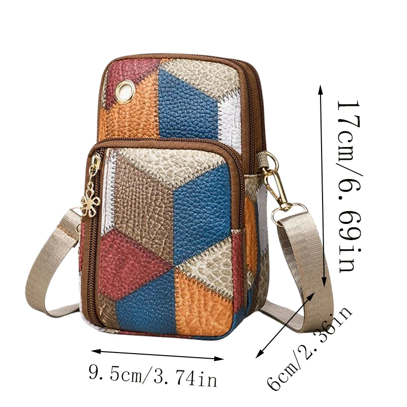 Trendige Patchwork-Umhängetasche mit Rautenmuster, lässige Umhängetasche mit mehreren Reißverschlüssen für Damen zum täglichen Einkaufen und Pendeln – Detail 2