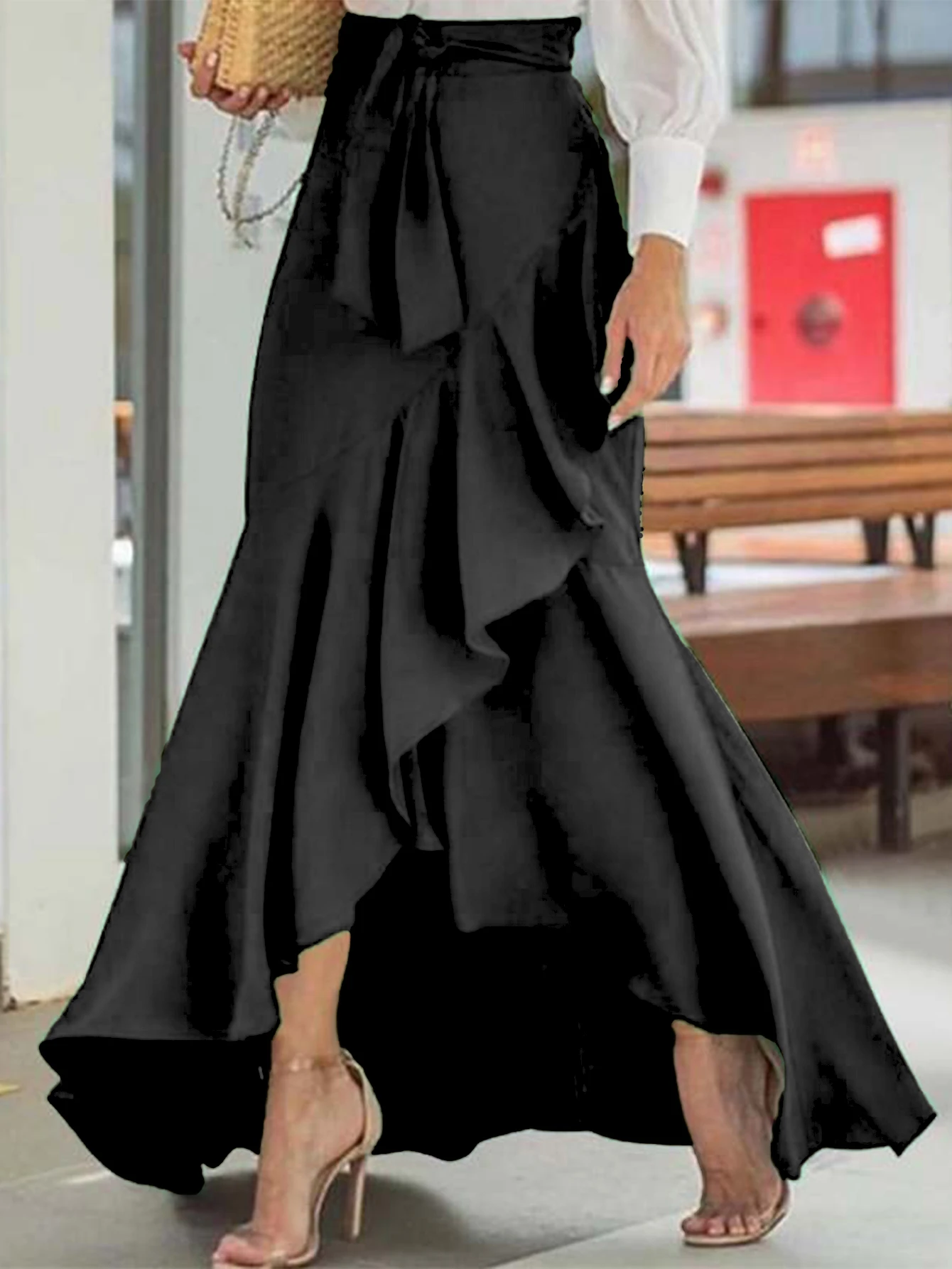 2024 Women Fashion Irregular Fishtail Skirts Elegant High Waist Luxury Party Skirt Female Ruffles Belted Long Skirts