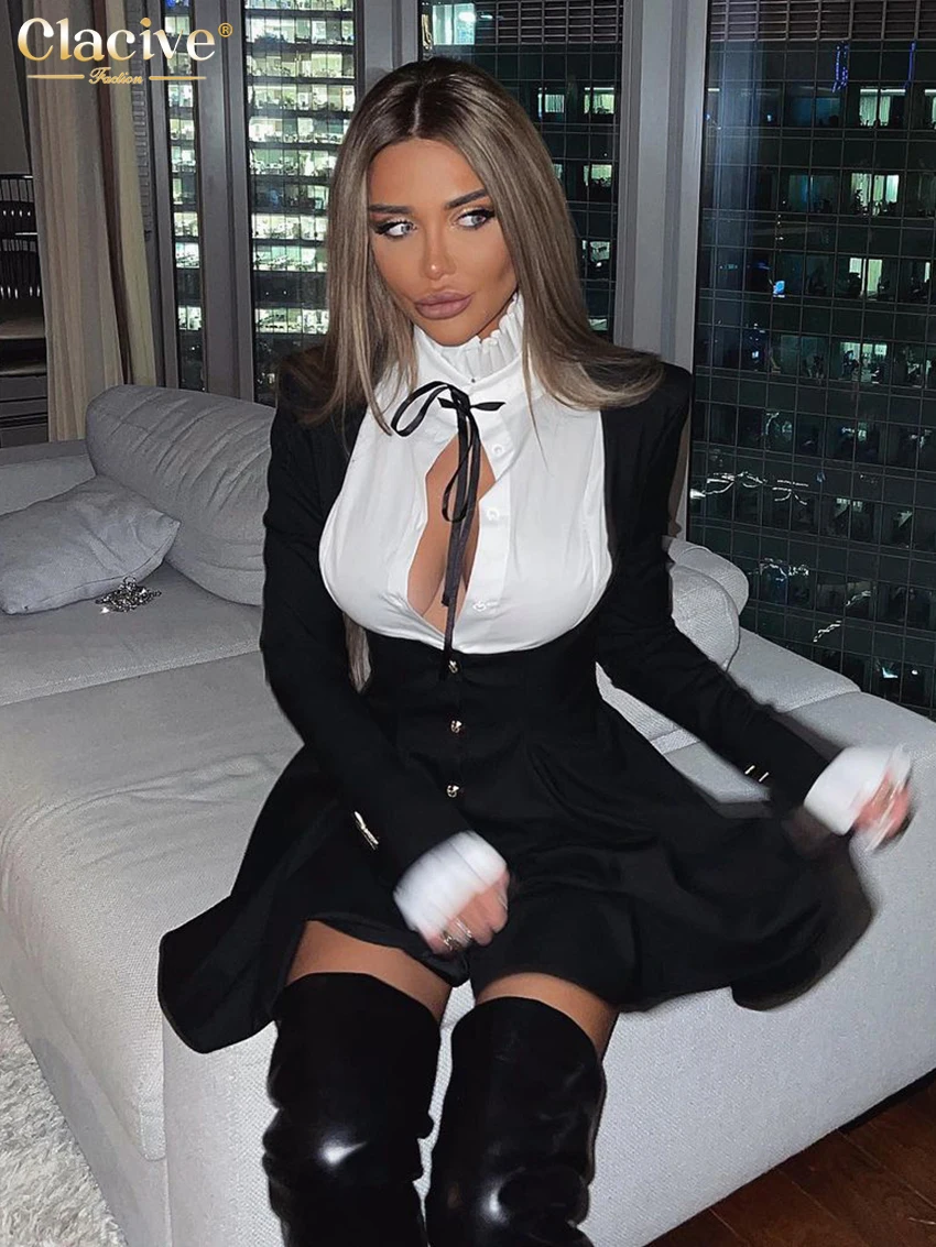 Clacive Fashion Loose Black Women Dress Sexy Trutleneck Long Sleeve Mini Dresses Elegant Patchwork Single Breasted Female Dress