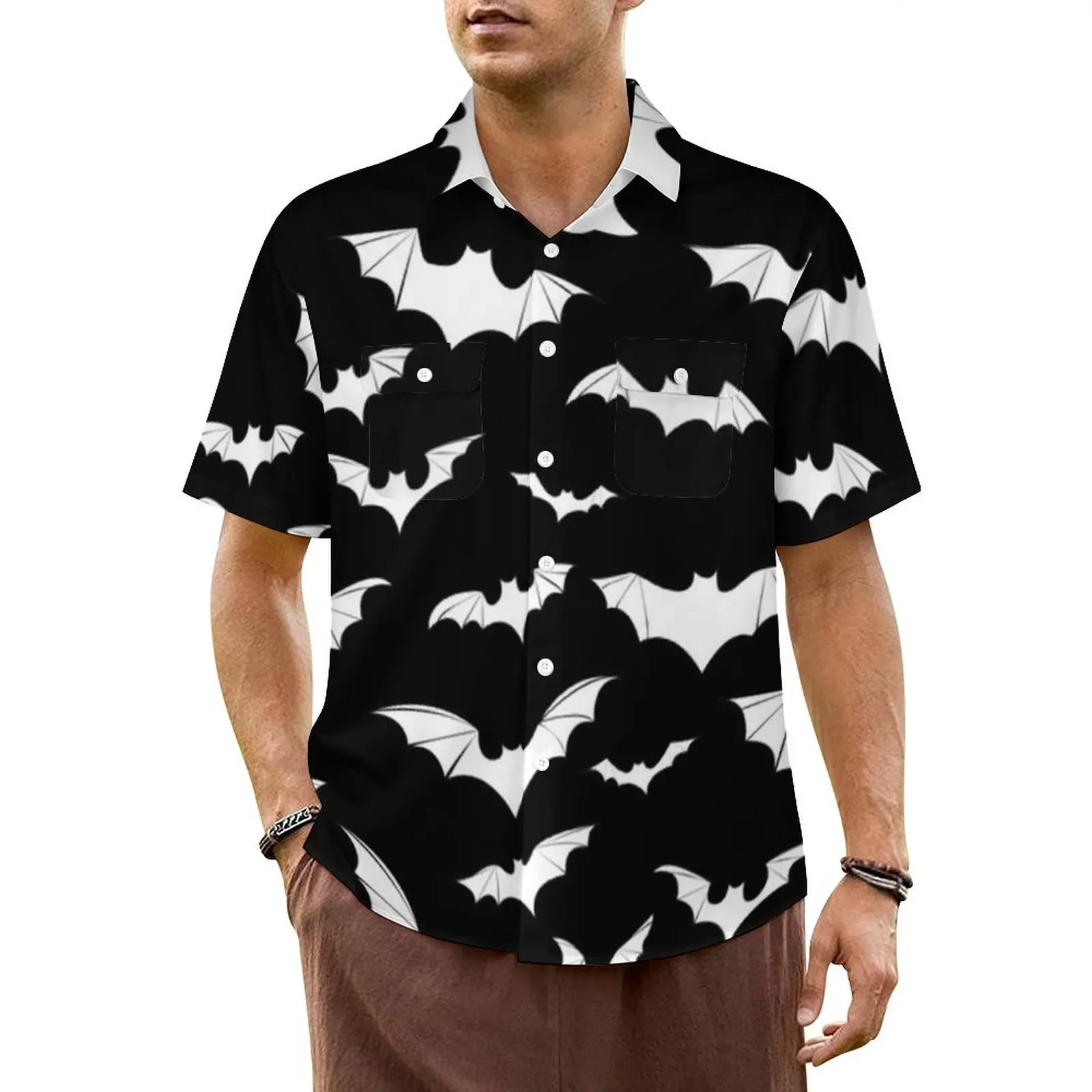 Hawaii Shirt Beach White Bat Blouses Flying Bats Art Retro Casual Shirts Mens Short-Sleeved Streetwear Oversize Top