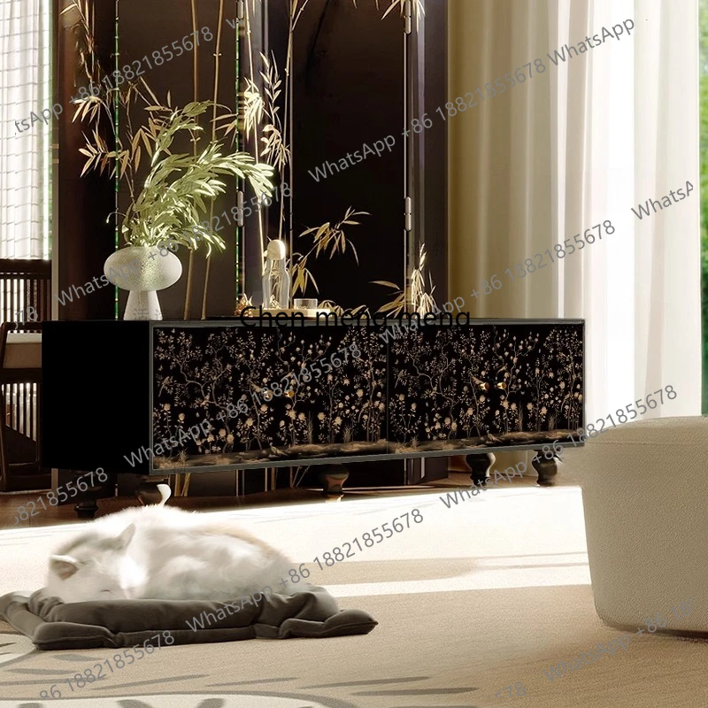 

Black gold flower TV cabinet high foot floor cabinet storage display bookcase free installation