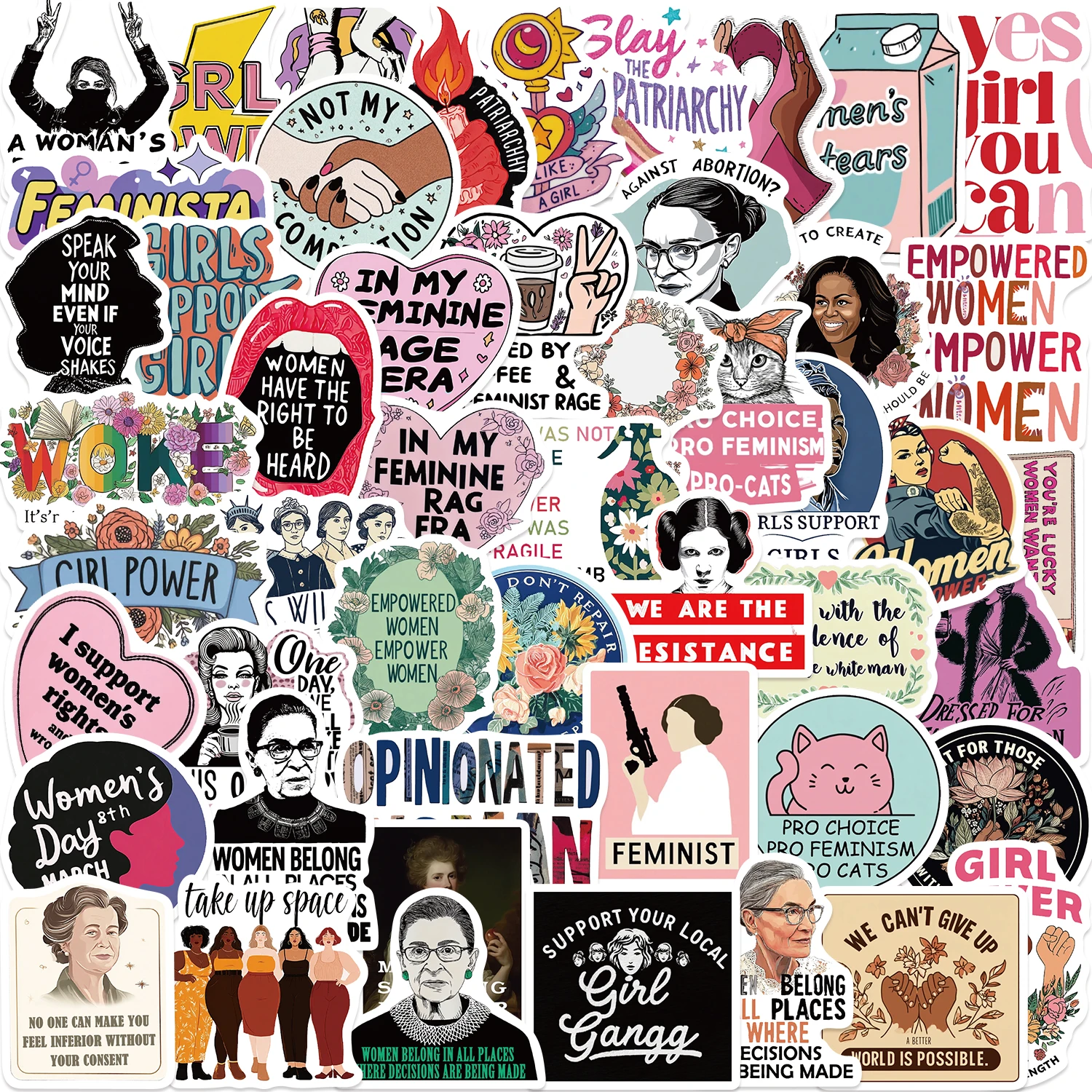 50pcs Cartoon Feminism Inspirational Words Pink PVC Stickers Exquisite Phone Cases Laptop Suitcases Water Cups Waterproof