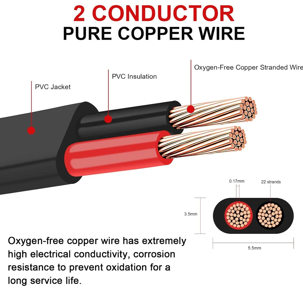 2 Core Flat RVV Electrical Wire Oxygen Free Pure Copper PVC Insulated 300/500V Cable for LED CCTV Low Voltage Wiring