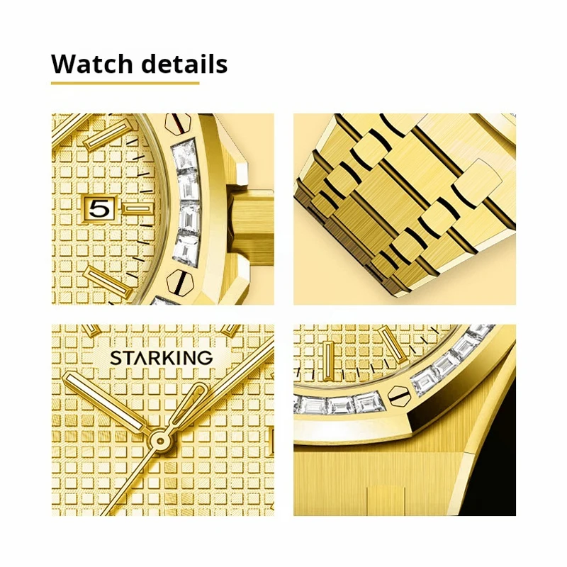 STARKING Brand Luxury Gold Mechanical Watch for Men Stainless Steel 50M Waterproof Calendar Fashion Mens Watches Reloj Hombre