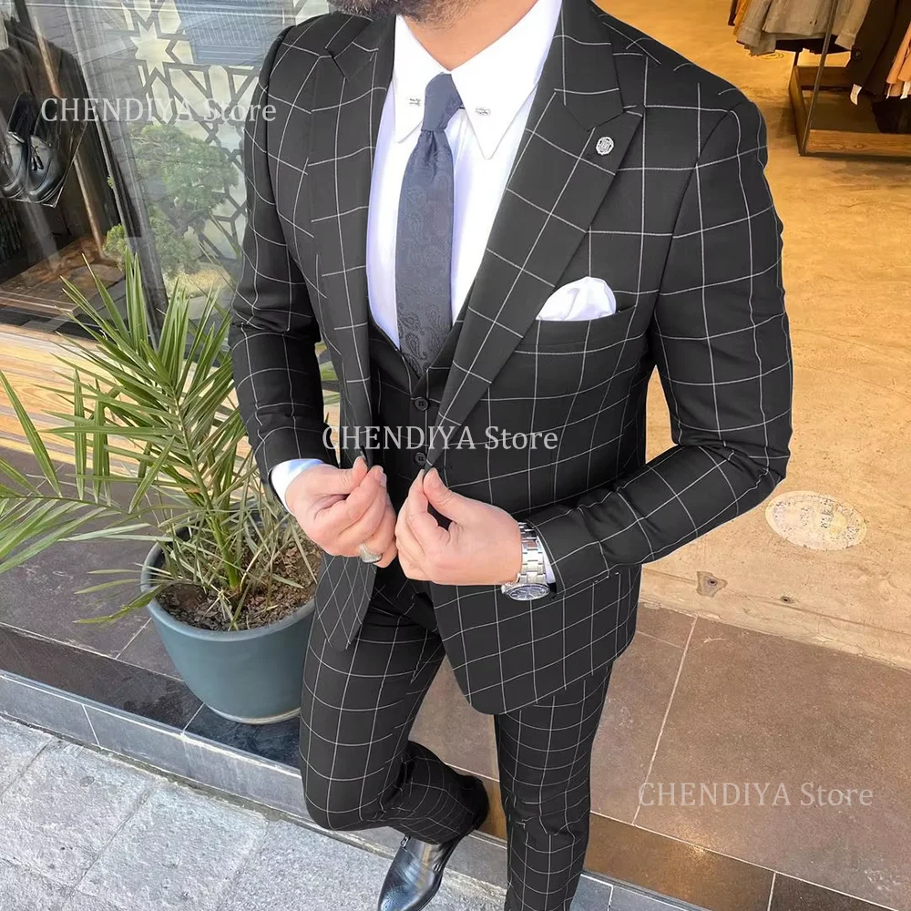

High Quality Formal Men's Suits Regular Fit Black Plaid Prom Evening Party Tuxedos Business Outfits For Wedding Grooms Best Man