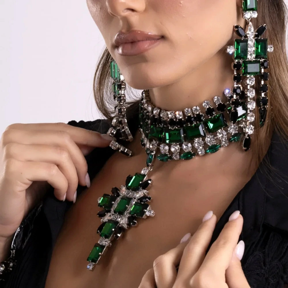 Stonefans collana croce verde orecchini Set per le donne bohémien elegante sposa Vintage gioielli da sposa decorazione festa 2024 regalo