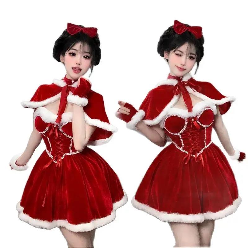 Mrs Santa Claus Cosplay Lolita Christmas Chest wrapping Plush Ruffle Red Bandage Dress With Hoodie Cloak New Year Red Outfits