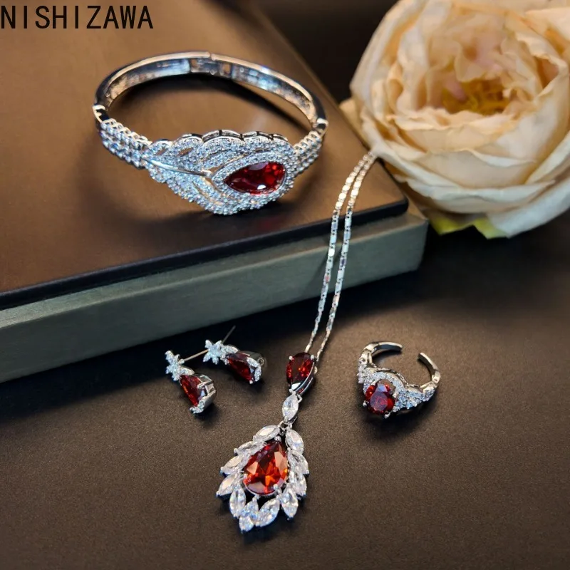 

NISHIZAWA Red Zircon Earrings for Women Water Drop Palace Style Vintage Jewelry Dinner Party Exquisite Pendientes Mujer