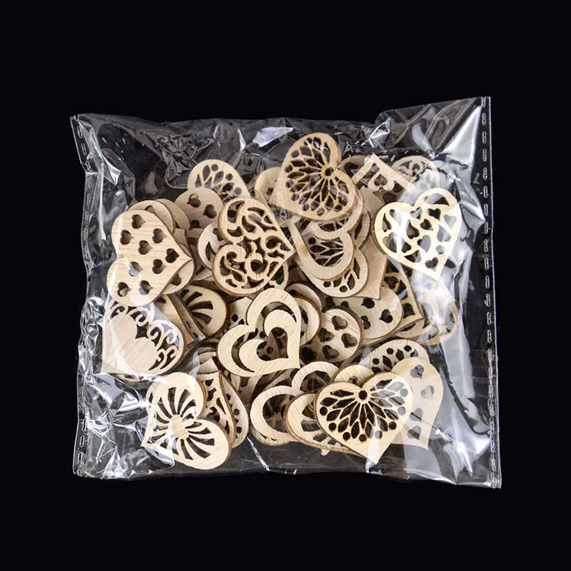 50Pcs Serce Wióry Drewniane Miłość Drewniane Rękodzieło Dekoracja Weselna Scrapbooking Dekoracja Stołu Weselnego Materiały eksploatacyjne