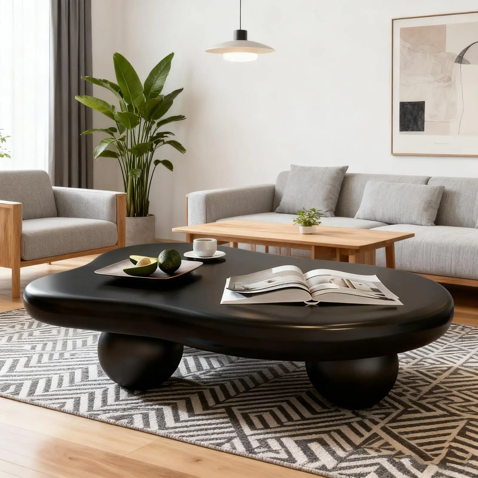 44” Cloud Shaped Coffee Table, Modern Irregular Oval Pedestal Coffee Tables with 3 Bases, Cream Center Table for