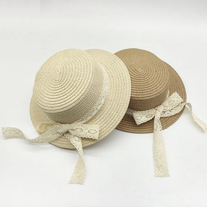 New Children's Breathable Sunscreen Straw Hat Flat Top Lace Fashion Little Top Hat Versatile Sun Hat Beach Hat