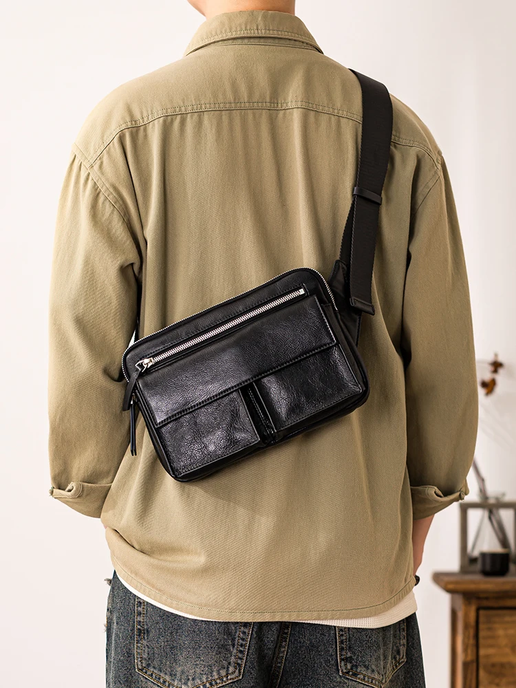 casual designer handmade high-quality genuine leather men's messenger bag outdoor work commuter real cowhide black shoulder bag