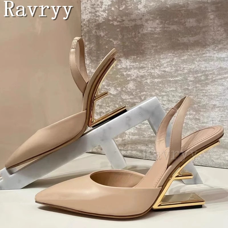 

Summer New Pointy Toe High Heel Pumps Women Classics Wrap Toe Strange Shape Heel Brand Shoes Genuine Leather Sandals