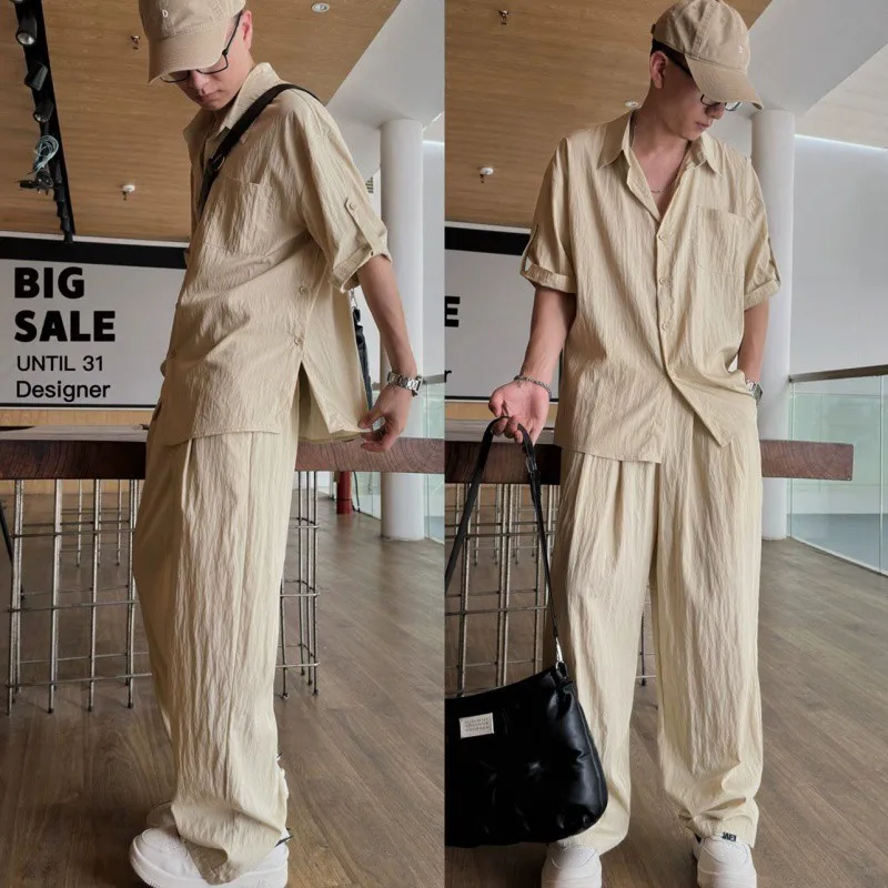 Summer Light Thin Casual Suits Trendy Men's Korean Edition Design Handsome Solid Loose Short Sleeves Shirt + Pants Two Piece Set