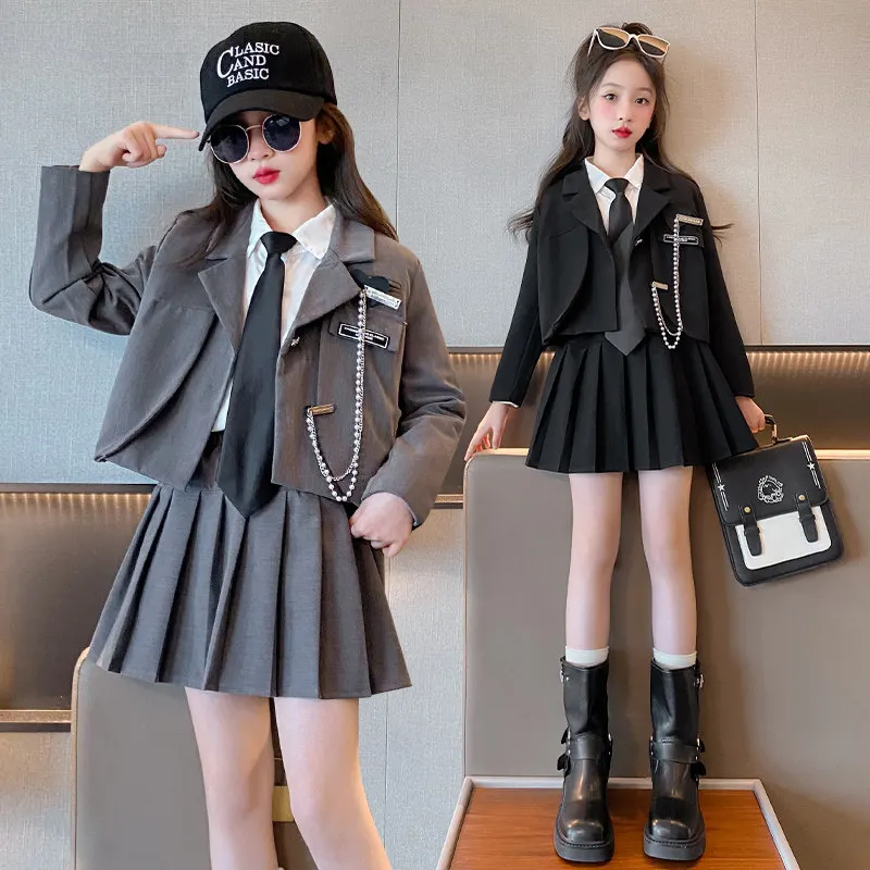 4-14Y Girl JK School Uniform Set Unique Formal Chain Smart Jackets And Pleated Skirt 2Pcs School Kids Child Uniform Blazer Suit