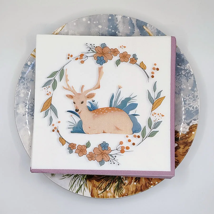 10/20 قطعة مناديل مطبوعة على شكل غزال إكليل الزهور، مناديل ورقية من الدرجة لحفلات موضوع الغابات، عيد الميلاد، عيد الميلاد، زينة الزفاف