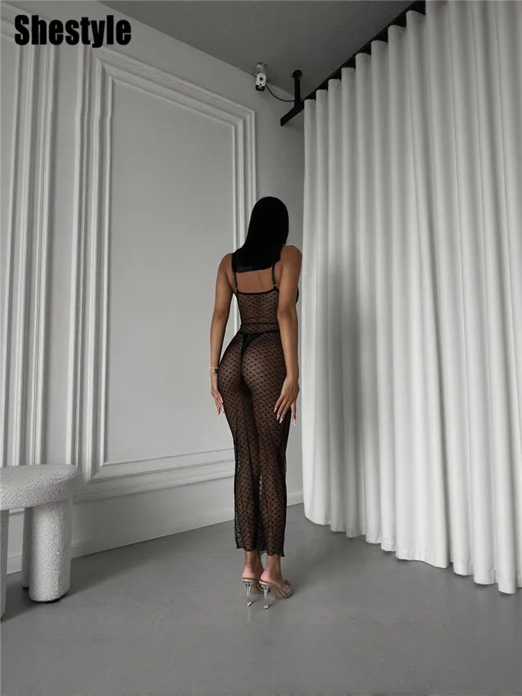 Shestyle 透明メッシュ女性ロングドレス女性セクシーなアンダーワイヤーレースペンシルハートラッピングクラブランジェリーナイトシアーアウター