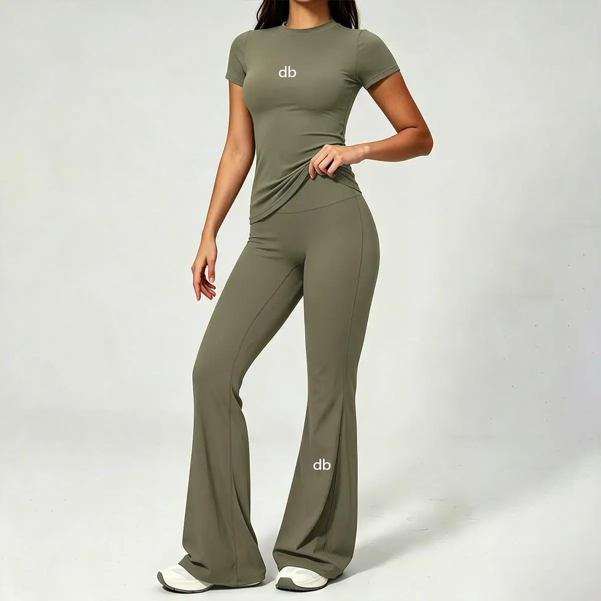 Women's Fashionable Nude yoga Wear Set - Body-Hugging Short-Sleeved High-Waisted mini Flared Pants Fitness Wear Set