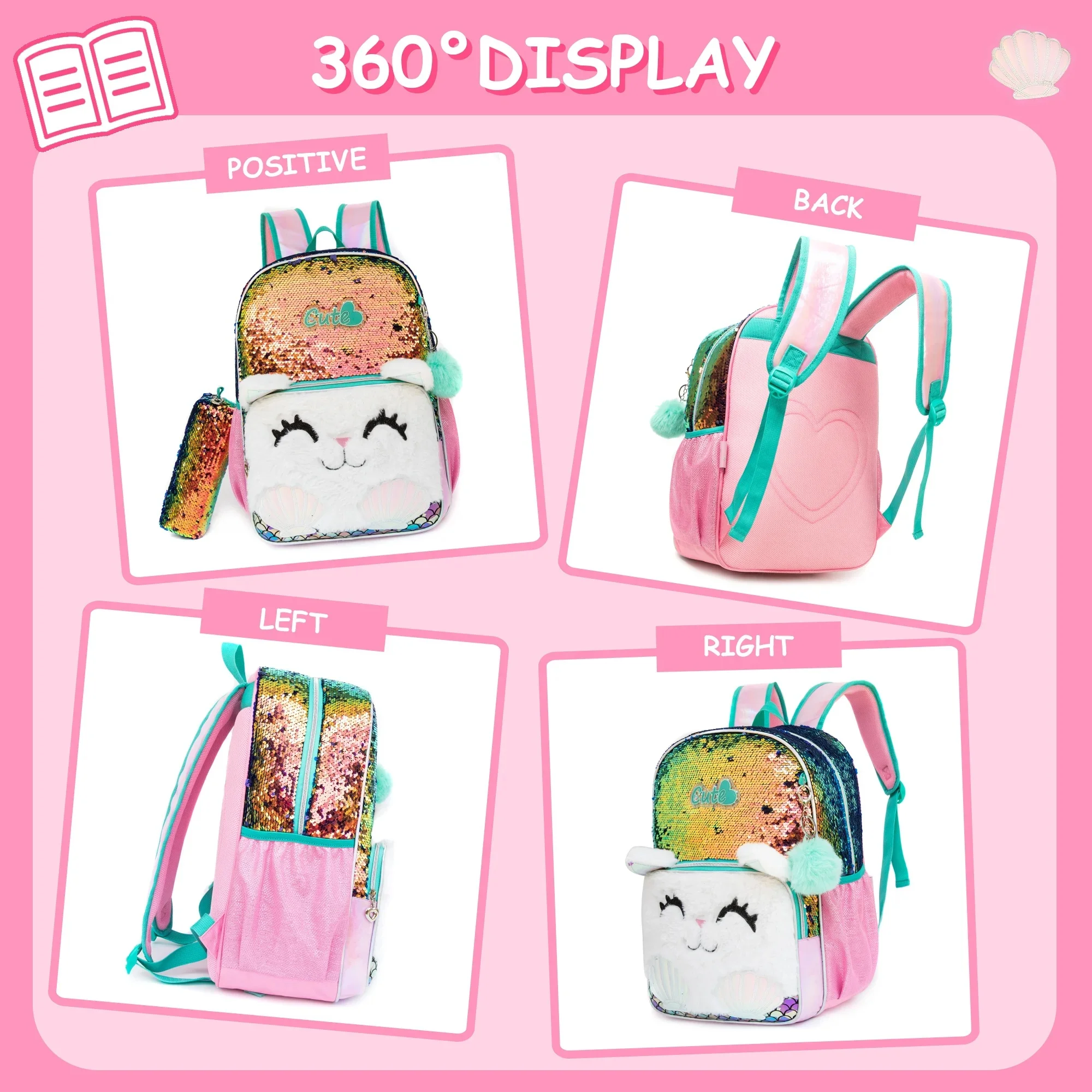 Sequin Panda Backpack Set, Girls Cartoon Bag + Lunch Bag + Pencil Case 3PCS