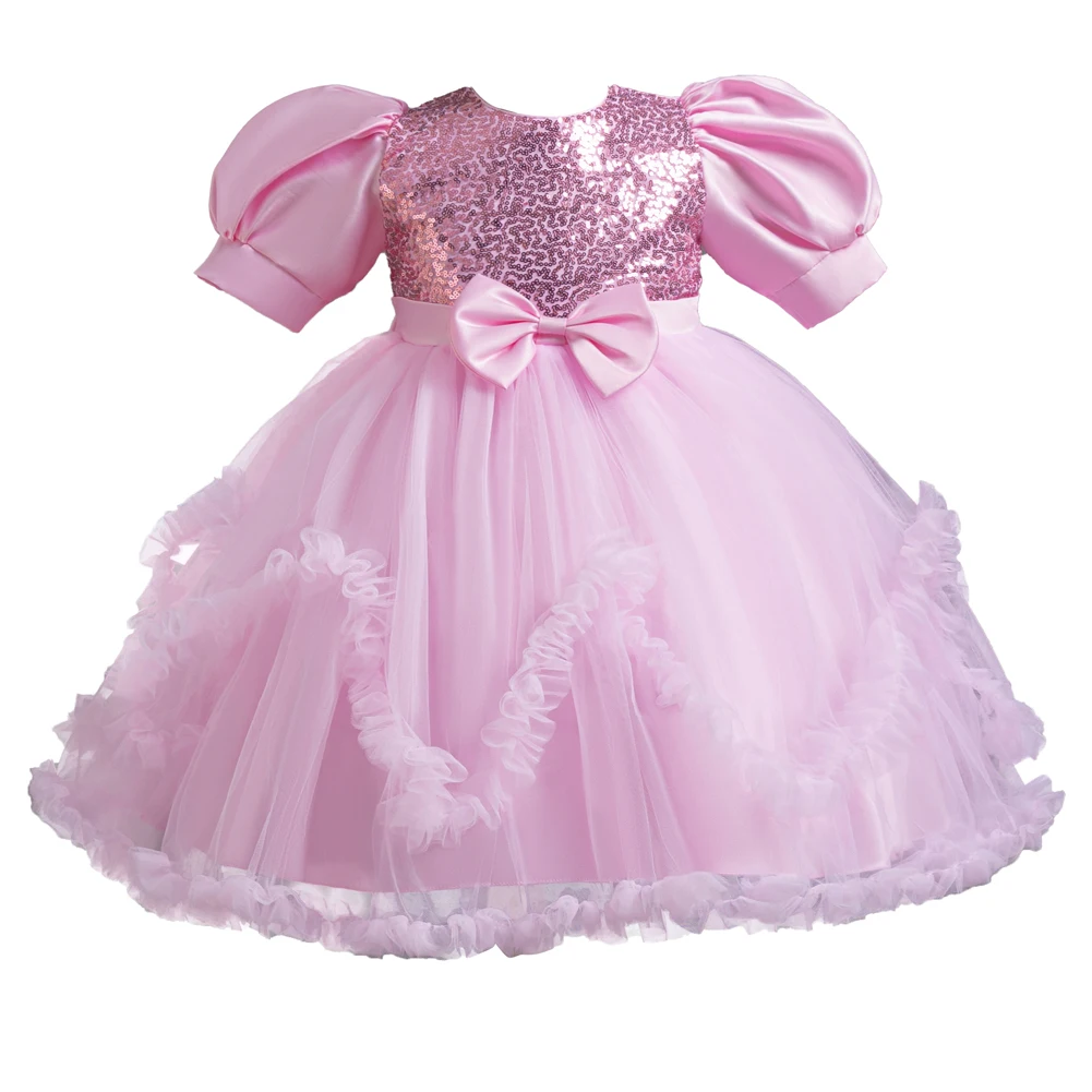 

Pink Bubble Sleeves Princess Dress for Girl, Sparkling Sequins, Children's Birthday Party Wear, 2 to 10 Years