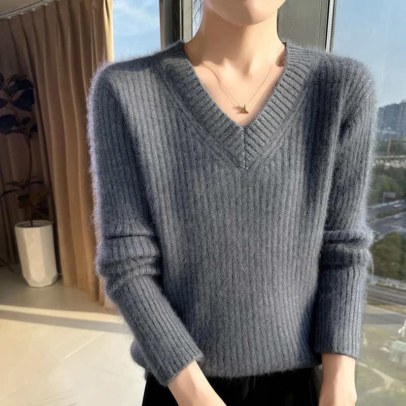 100% المنك النقي الكشمير محبوك سترة المرأة الخامس الرقبة ضئيلة البلوز عادية الدافئة عمودي بار القمم جديد قاع قميص الخريف #4