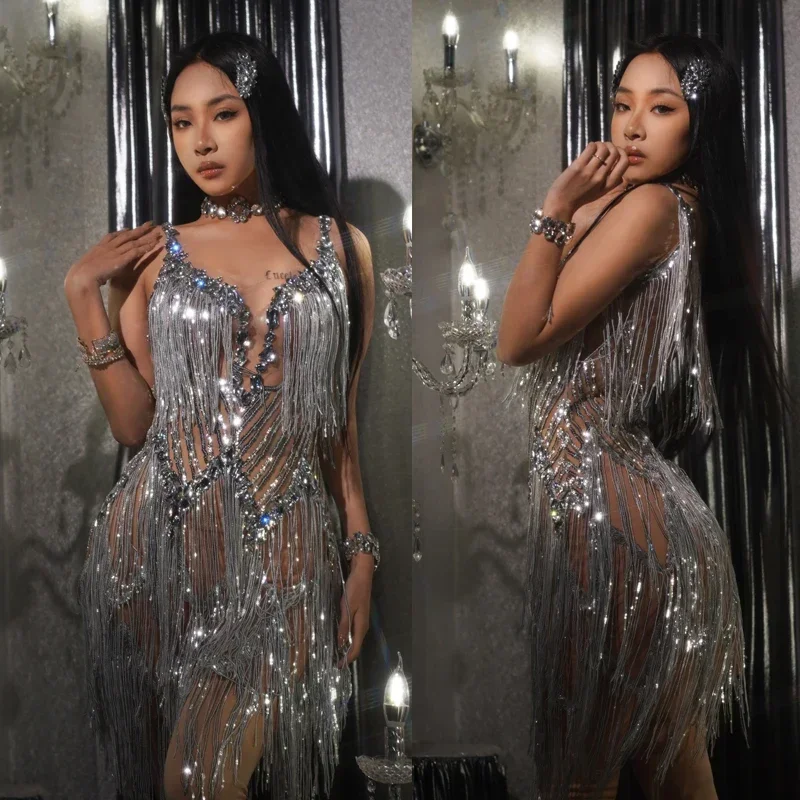 

Платье со стразами и бахромой, серебряными блестками, женские вечерние платья, наряд для выступления на сцене, костюм королевы перетаскивания XS6215