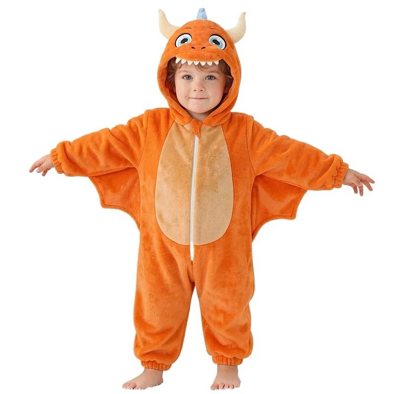 Newborn Baby Romper Dragon Costume Winter Flannel Jumpsuit Hooded Onesie Cute Cartoon Bodysuit Warm Unisex 1-3y
