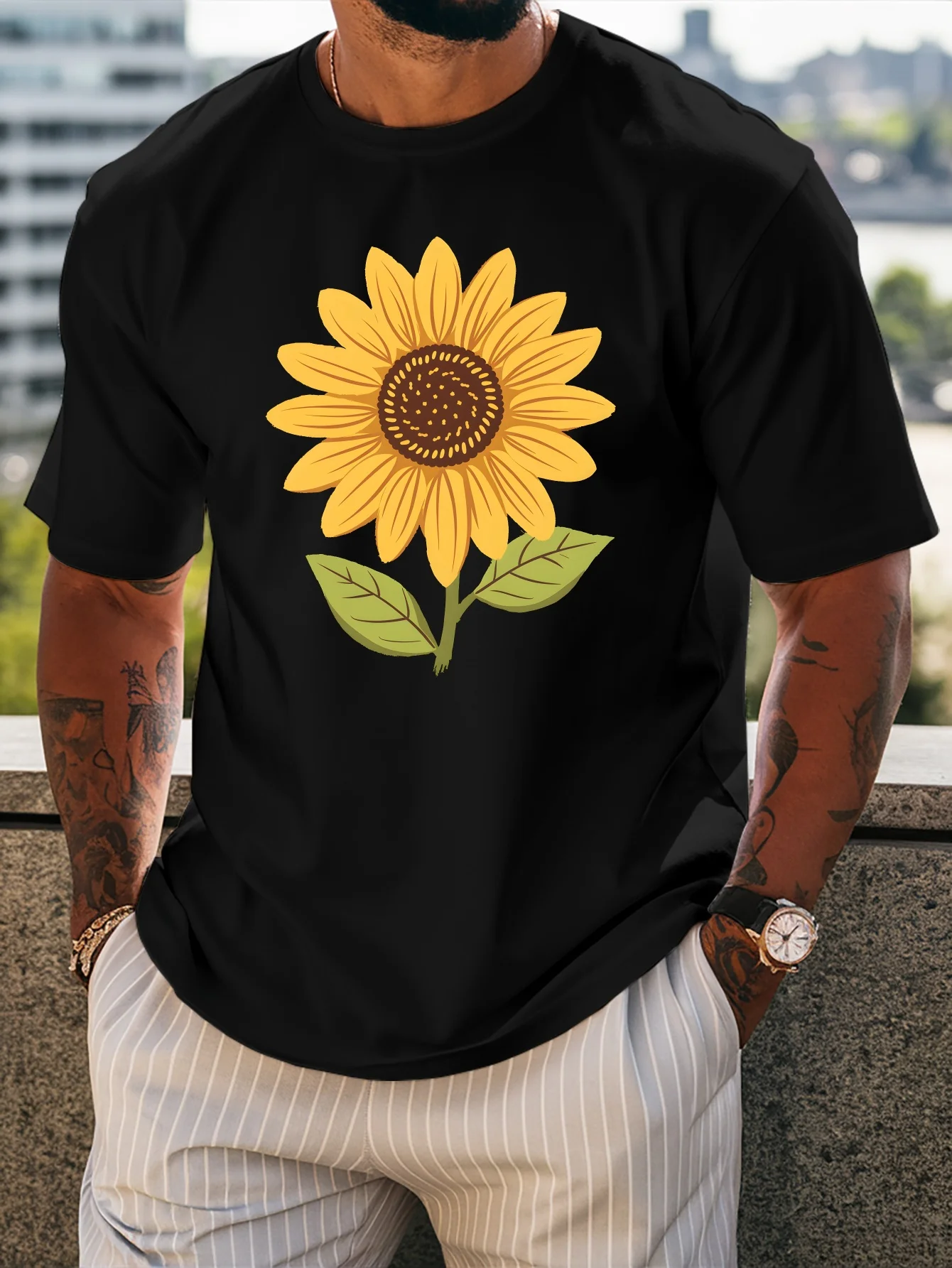 Mens Crew Neck T Shirt Bright Sunflower Cartoon Floral Graphic Short Sleeve Casual Cotton Nature Plant Lover Streetwear Tees