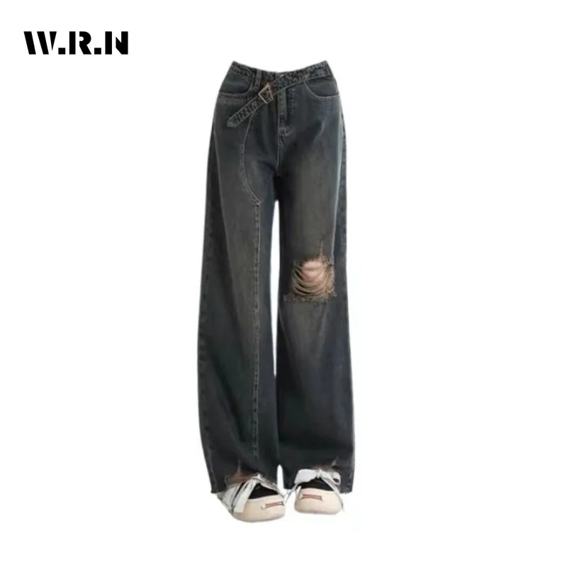

Винтажные свободные джинсы в стиле Харадзюку Y2K, с вырезами, синие брюки, лето 2024, женские модные широкие мешковатые рваные джинсовые брюки
