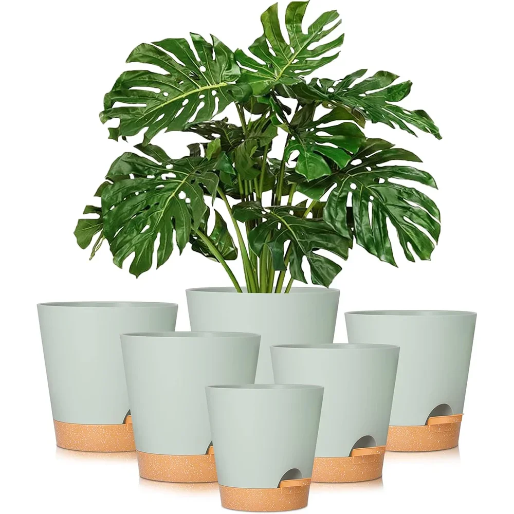 

5pack 5inch Self Watering Pots for Indoor Plants,Flower Pots Planter with Drainage Holes and Wick Rope