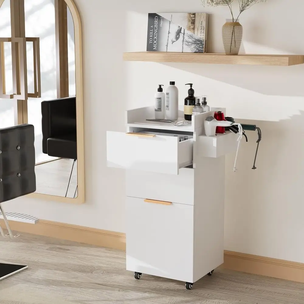 Trolley with Wheels, 2 Drawers & 1 Storage Cabinet, Portable Styling Station or Barbershop Beauty Spa, White