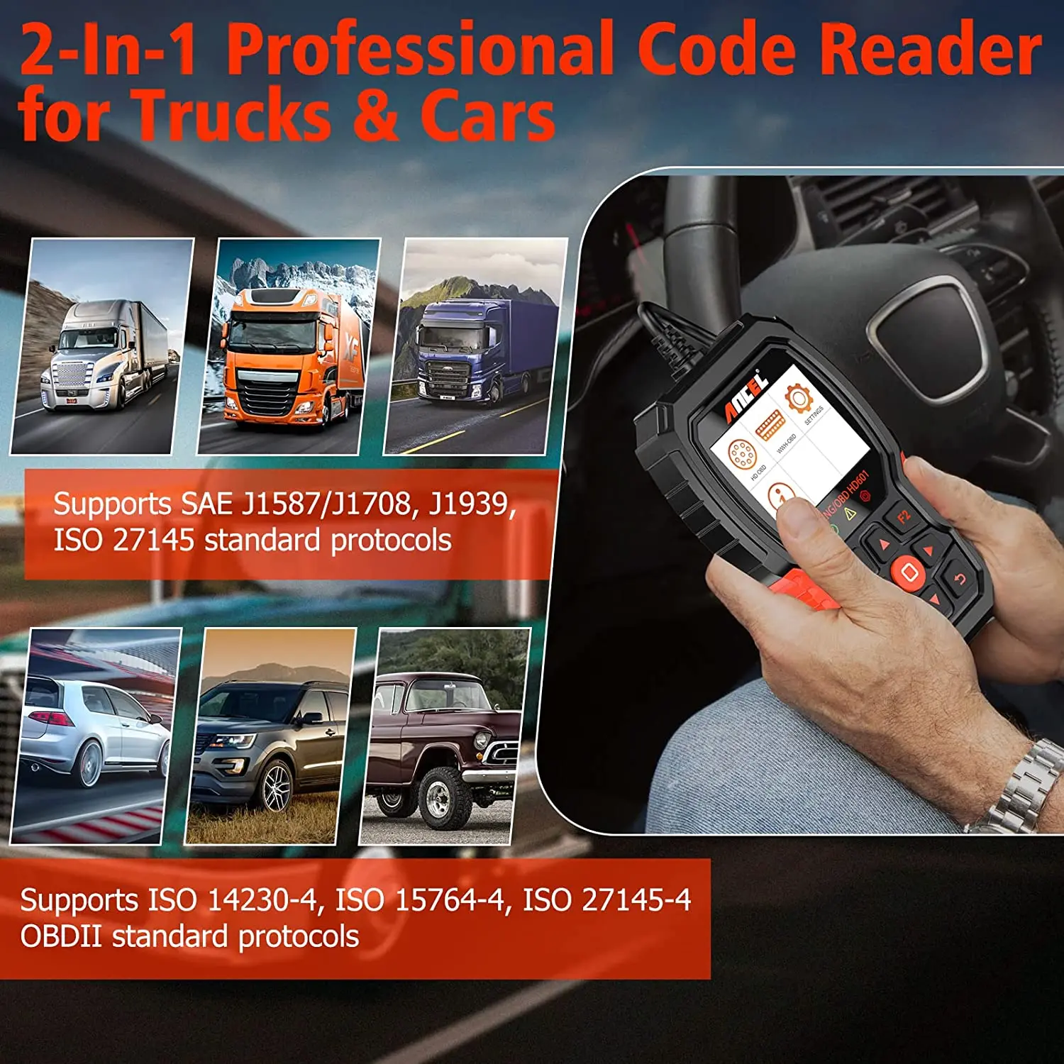 Multifunctional Heavy Duty Truck Code Reader ANCEL HD601 Diagnostic Tools for Cummins OBD2 All System Scanner Automotive Scanner