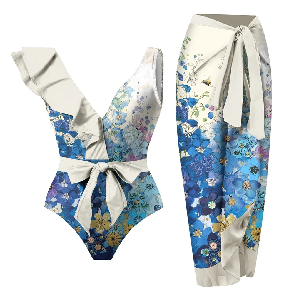 Maillot de bain une pièce à volants, imprimé fleuri, col en v, monokini, vêtements de plage, batterie, pour femmes, 2024