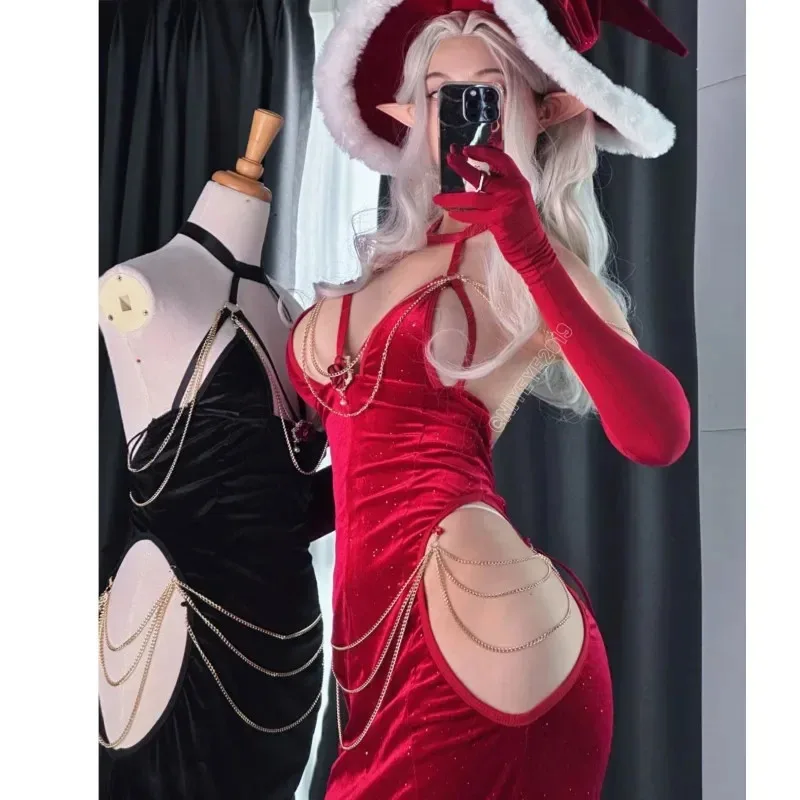 

Anime Overlord Albedo Cosplay Costumes Glove Dress Wrapped Hip Open Crotch Fish Tail Skirt Black Mermaid Halloween Girl Costumes