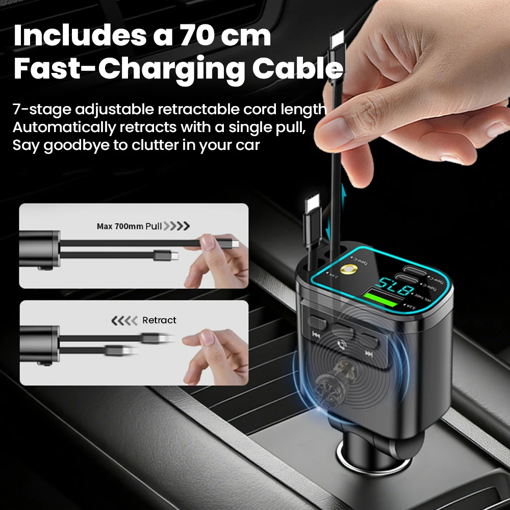 5 in 1 Car Charger 5V3.1AUSB+ 5V3AType-C+ Dual Stretch Wire Fast Charging Digital Display Adapter With Starlight Projection Lamp