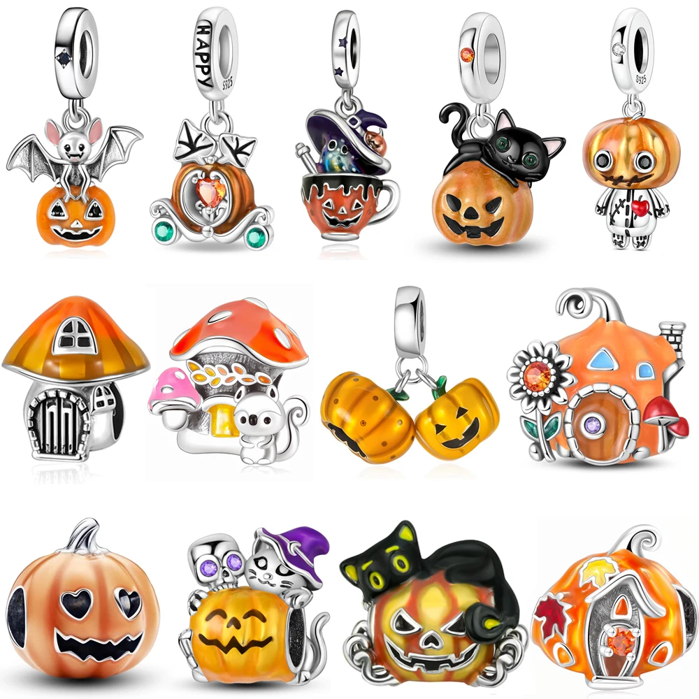 2026 New 925 Sterling Silver Halloween Pumpkin Dangle Charm Cute Bat Cat Witch Bead Fit Original Bracelet Holiday Jewelry Gift