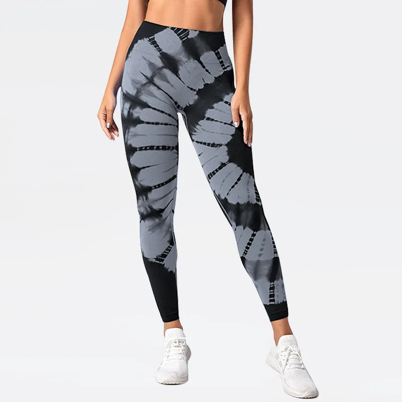 Women Slim Knit Pants Fitness Yoga Workout Running Elastic High Waist Hip Lift Sports Tights Seamless Tie Dye Leggings Trousers