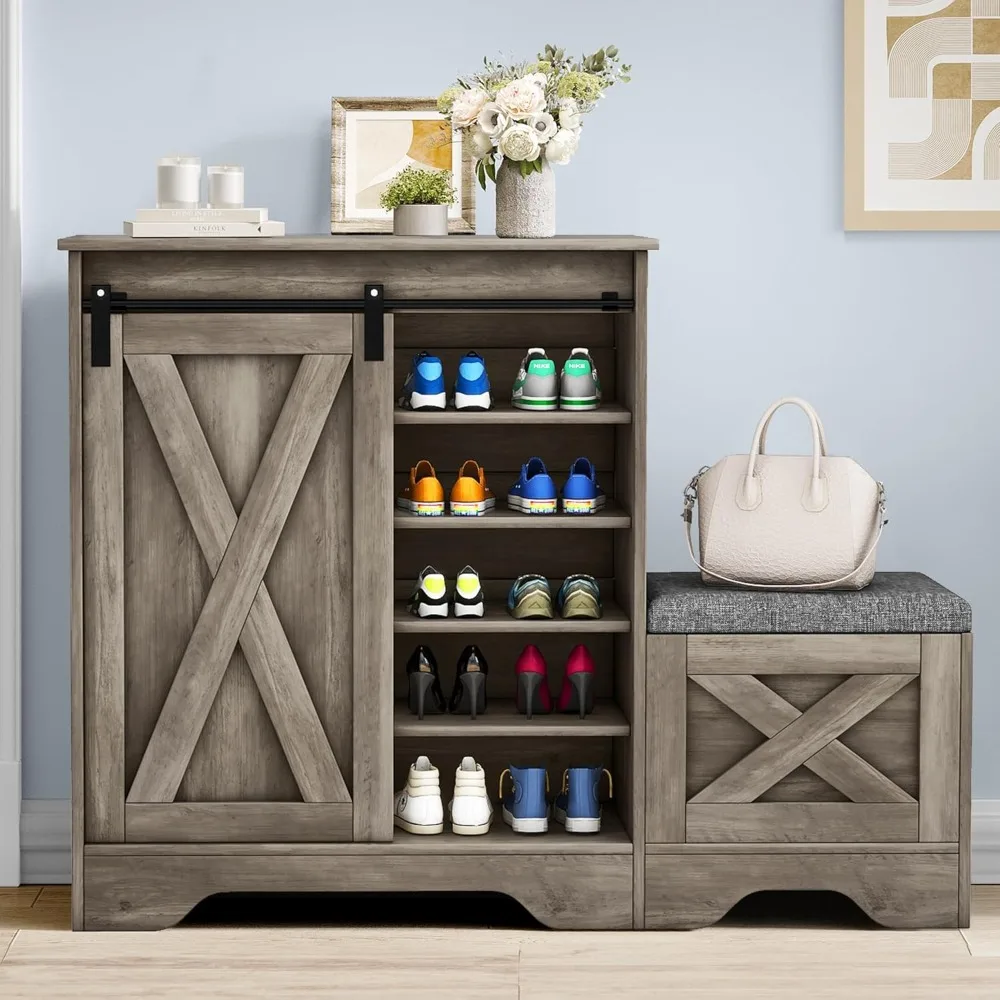 Farmhouse Shoe Cabinet with Bench, 5-Tier Shoe Cabinet with Adjustable Shelves, Narrow Slim Shoe Cabinet with Sliding Doors