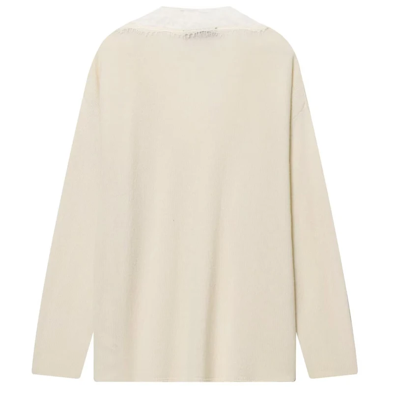 HXAO الدانتيل البلوز المرأة سترة الخريف 2025 السيدات موضة خفيفة الخامس الرقبة طويلة الأكمام لاعبا شيك البيج الصوف المخلوطة تريكو