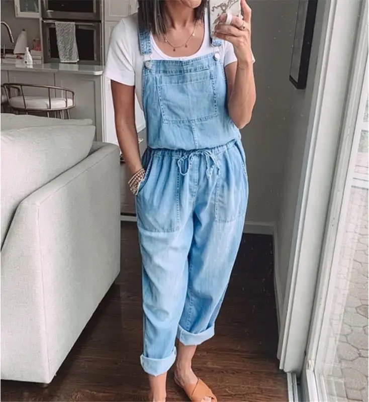 Overalls gewaschen Jeans Denim mittlere Taille knöchel lange Overalls lose Taschen gerade Hosen lässig gespleißt solide Kordel zug