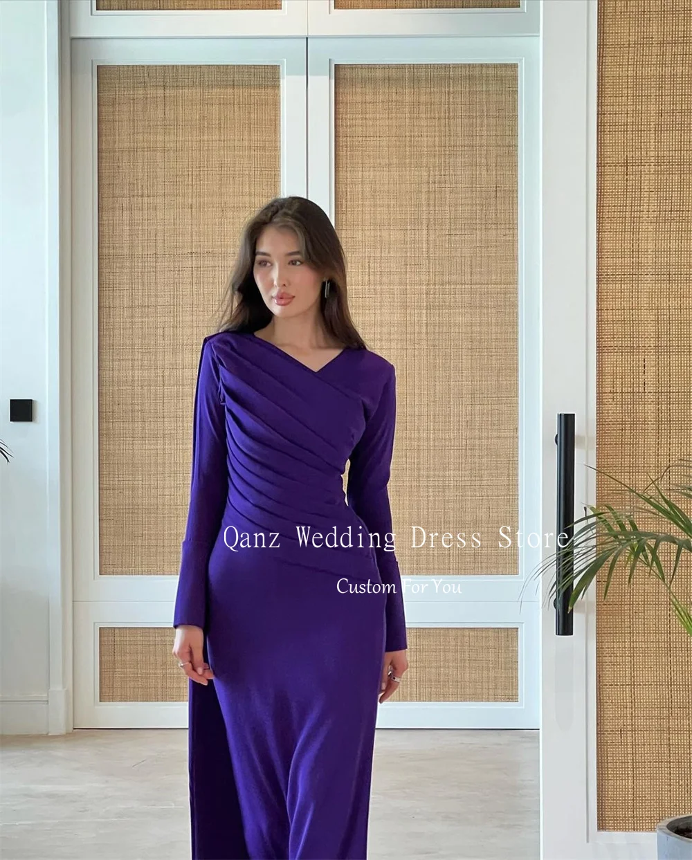 Qanz Purple Satin Arabia Evening Dresses Long Sleeves Abendkleid Luxury 2024 Mermaid Floor Length Party Dress Women Customized